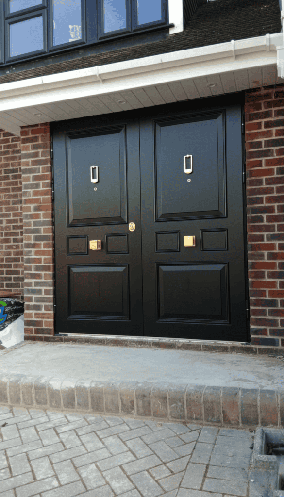Double black security door with square knobs